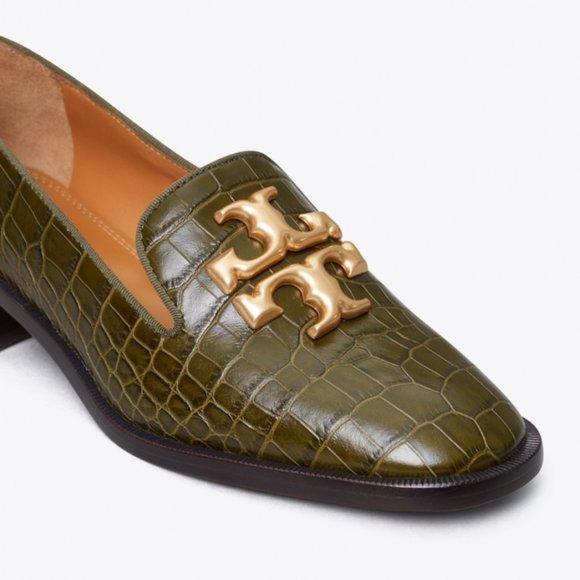 NIB Tory Burch Eleanor Heeled Loafer Croc Embossed Leather Leccio Green US7.5 - Picture 2 of 13